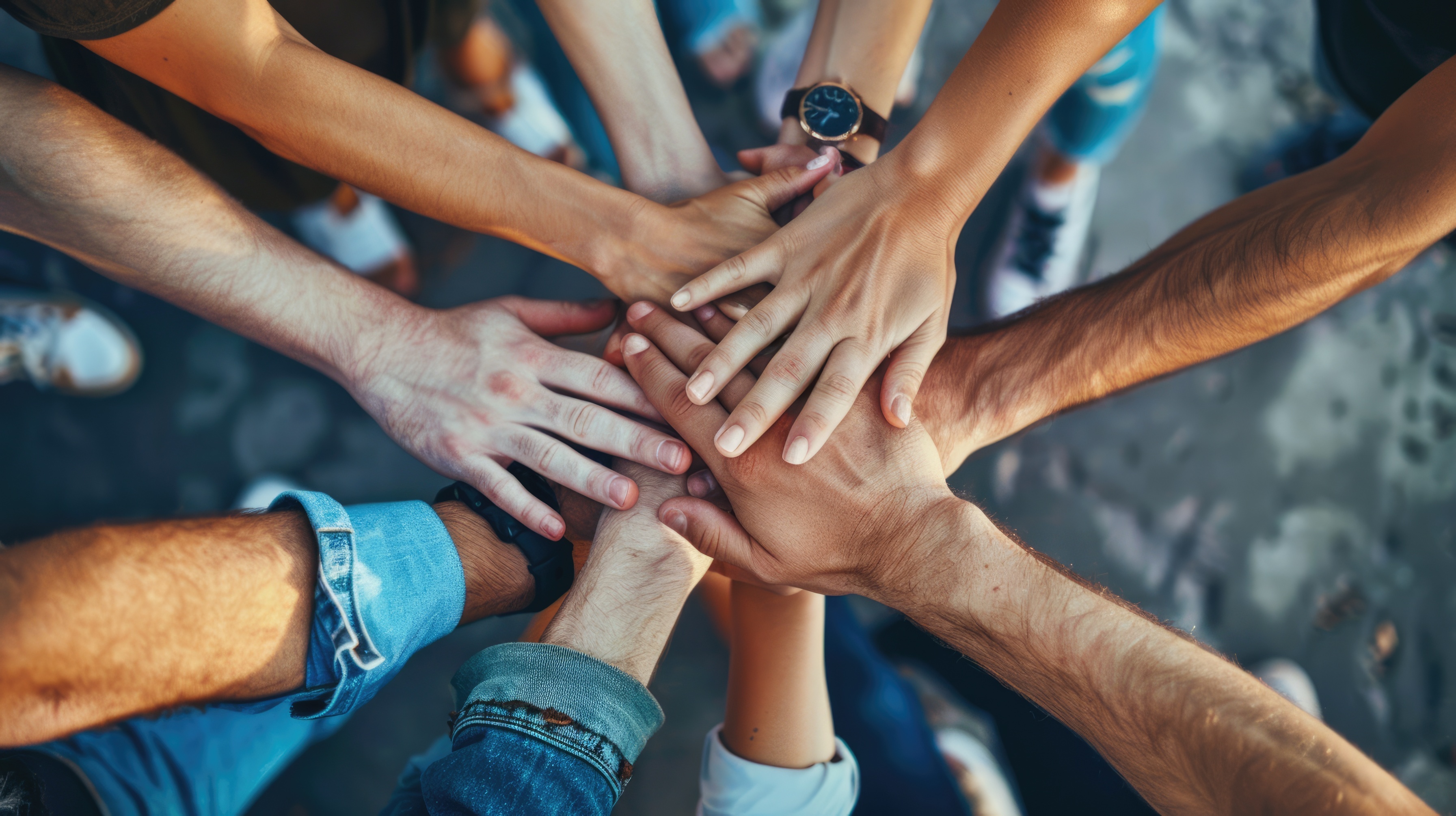 Verschiedene Teammitglieder legen ihre Hände als Stapel zusammen
